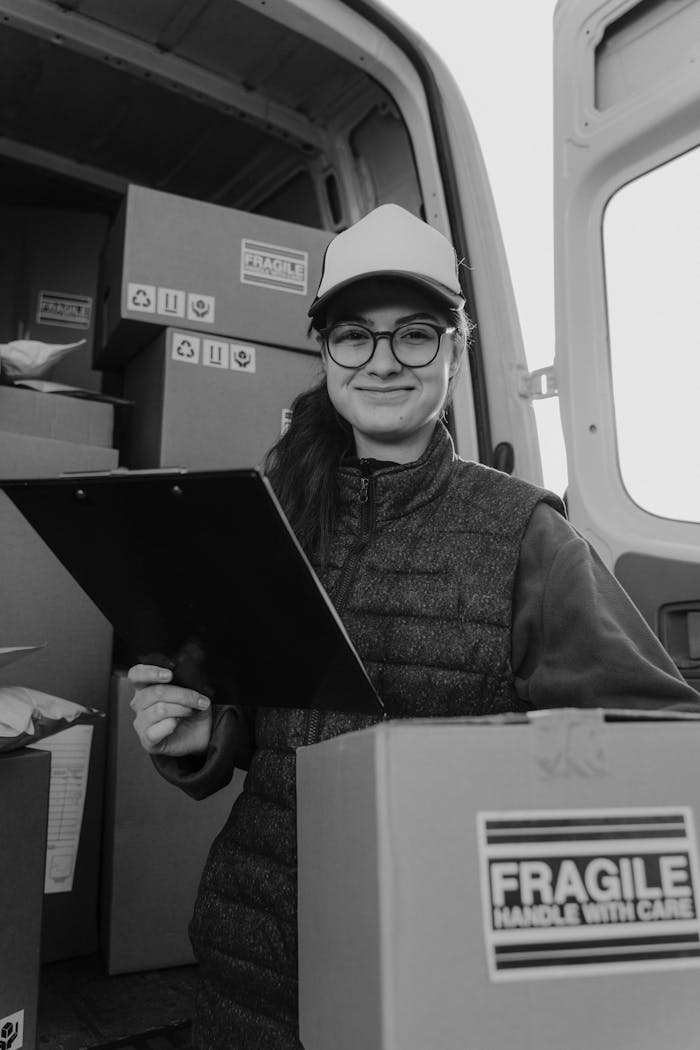 Crafting Captivating Headlines: Your awesome post title goes here Smiling delivery woman checks parcels in a van. Black and white image showing a logistics theme.